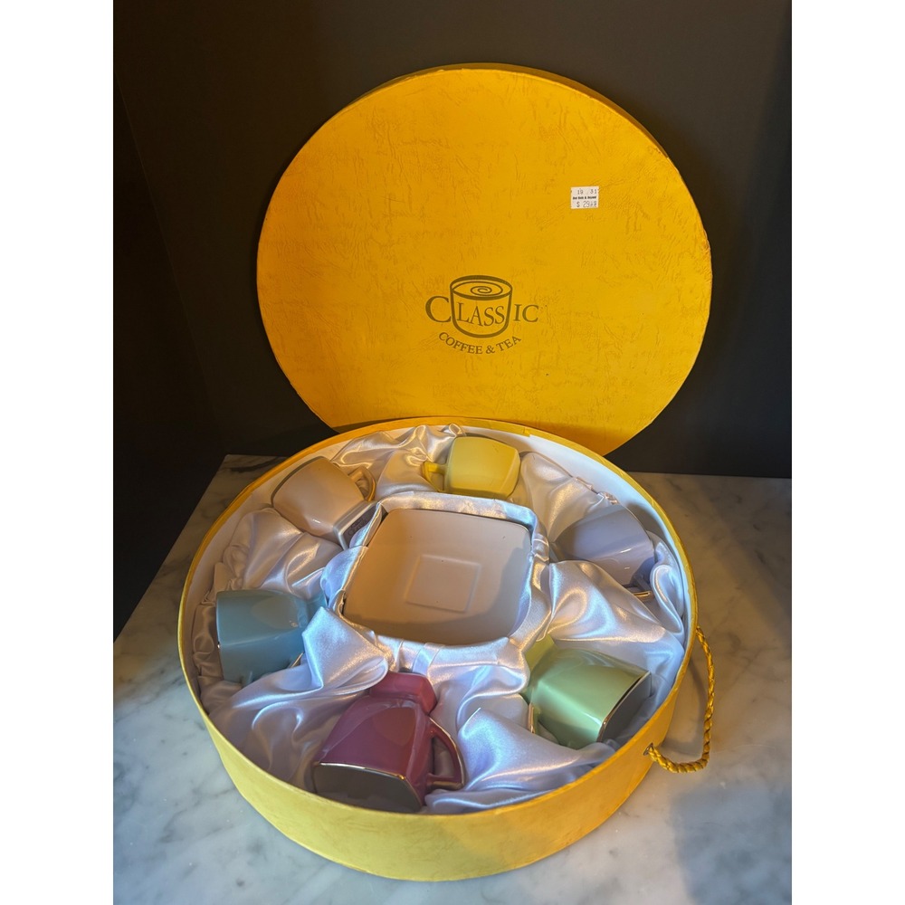 Classic Coffee & Tea Square Espresso Cup and Saucer Set Gold Rim 11pc with Box